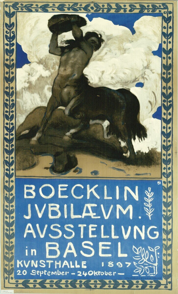 Plakat für ein Konzert in Basel, Schweiz, mit einem Kunstwerk einer Person und eines Pferdes und Veranstaltungstext.