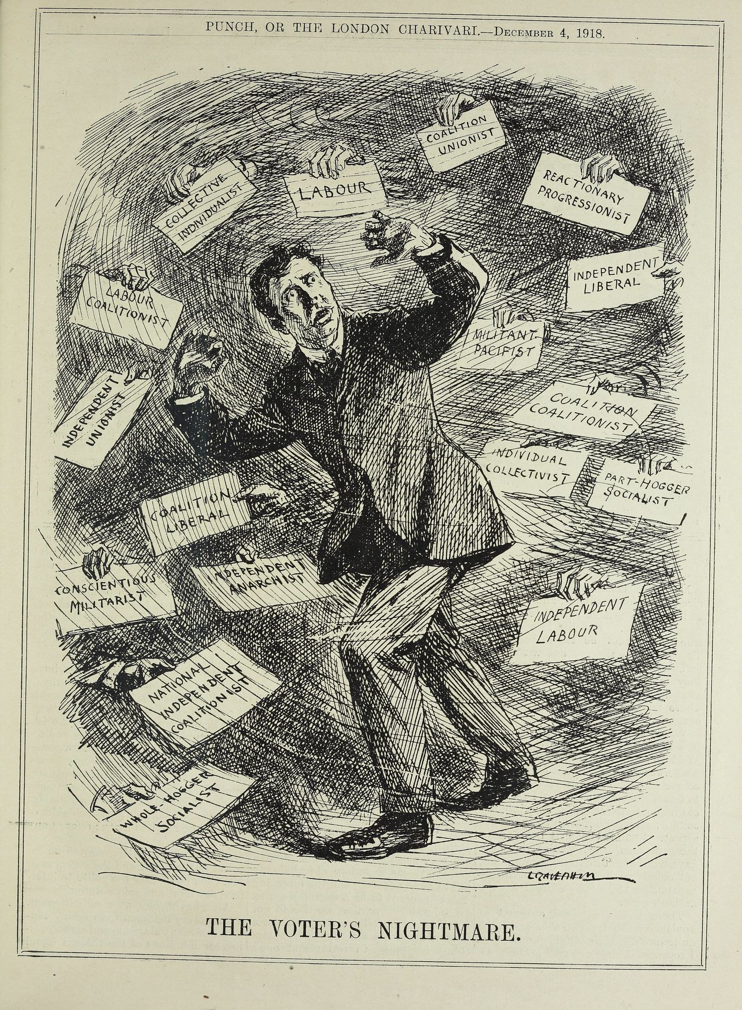 Ein Blatt mit einer Zeichnung eines Mannes im Anzug, der ein Schild mit der Aufschrift "Der Albtraum des Wählers" hält.