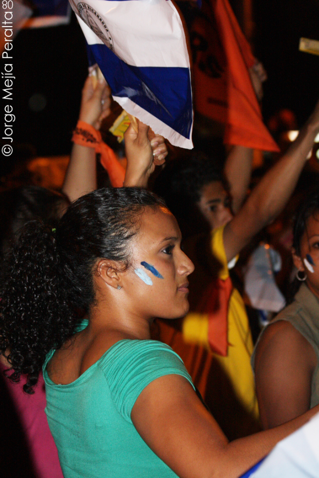 Eine Frau mit grüner Bluse steht auf einer Demonstration und hält ein weißes Schild in der Hand.