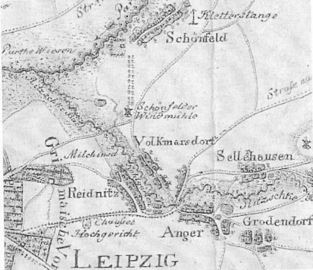 Detailreiches altes Stadtplan von Leipzig, Deutschland, zeigt Straßen, Gebäude und Sehenswürdigkeiten mit zusätzlichem Text über Bevölkerung, Straßen und bemerkenswerte Orte.