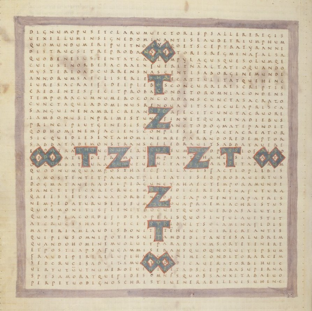 Ein Kreuzworträtsel, das auf einer mit Text und Zahlen gefüllten Seite abgedruckt ist und aus Buchstaben und Symbolen besteht.