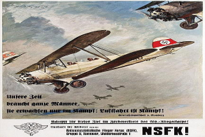 Eine Gruppe deutscher Kampfflugzeuge des Zweiten Weltkriegs, die am Himmel fliegen, mit Textinformationen über die Flugzeuge und ihre Fähigkeiten.