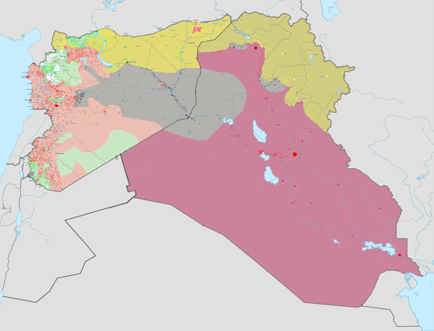 Eine Karte von Syrien, die das Ausmaß des syrischen Bürgerkriegs zeigt, mit Farben, die verschiedene Regionen anzeigen, und Text, der Städte und Distriktgrenzen benennt.