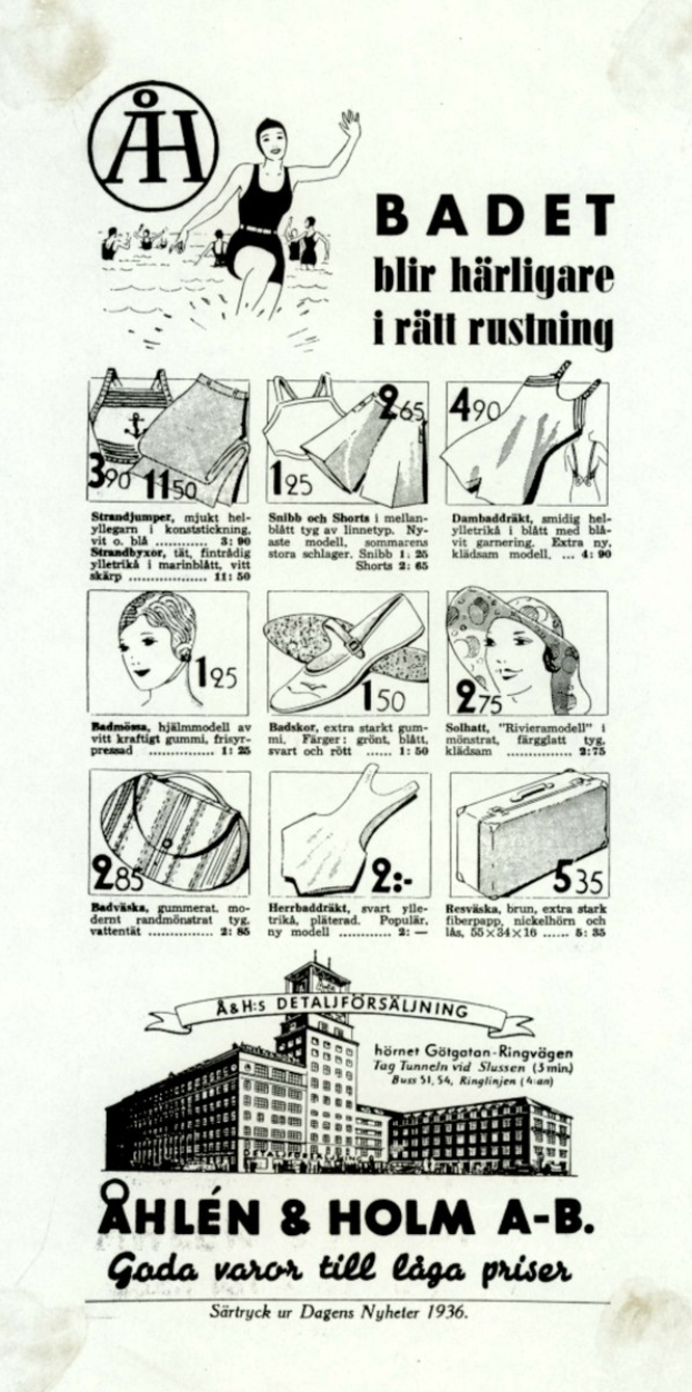 Anzeige mit einer Frau in einem weißen Bikini mit blauen und weißen Streifen, die einen Pferdeschwanz trägt und direkt in die Kamera schaut.