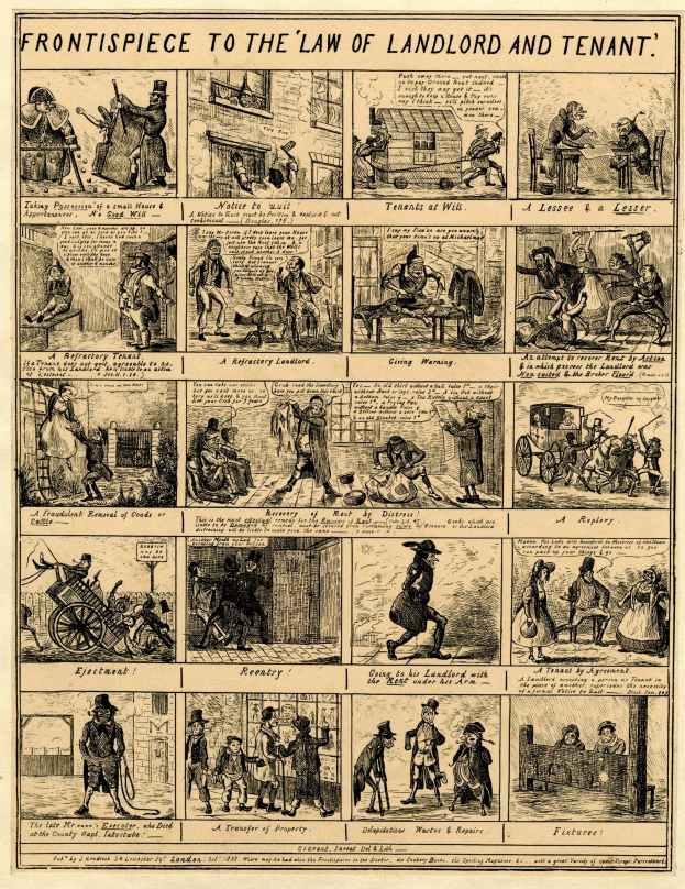 Cartoon-stil-Illustrationen und fetter Text auf einem Papier, das die Titelseite des Mietrechts darstellt, eingerahmt von einem dekorativen Rand.