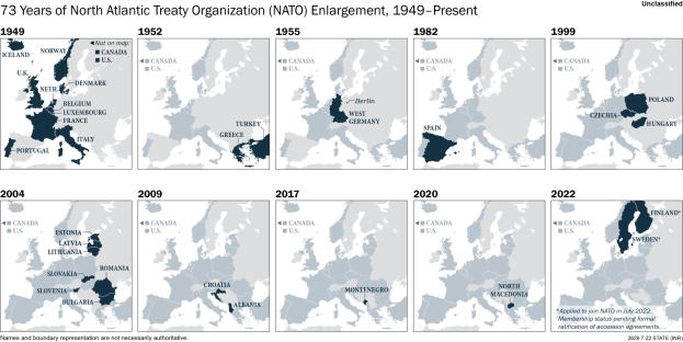 Karte, die die NATO-Erweiterung von 1949 bis heute zeigt, wobei die Regionen farblich nach dem Jahr der Mitgliedschaft unterteilt sind.