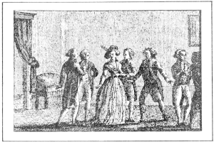 Eine schwarz-weiße Gravur von tanzenden Menschen in einem Raum mit einem Stuhl, Vorhang und Wand im Hintergrund, beschriftet mit "Victorian Dance Scene" unten.