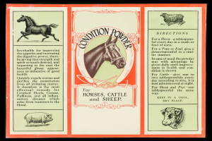Eine Werbung für Tierfutterpulver mit Bildern von einem Pferd, Rindern und Schafen, mit Text auf schwarzem Hintergrund.