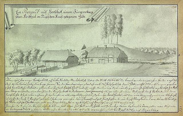 Ein verblichenes Dokument mit der Überschrift "Surgensburg, Deutschland - Landschaft einer Farm" zeigt eine ländliche Szene mit einem zentralen Bauernhof, Nebengebäuden, umgeben von Feldern, verstreuten Häusern, Bäumen und einem bewölkten Himmel.
