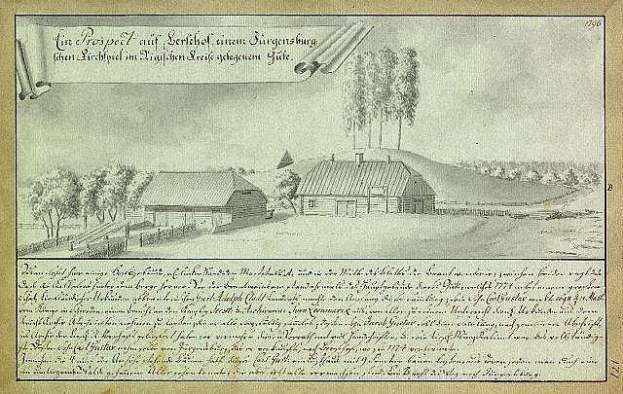 Ein verblichenes Dokument mit der Überschrift "Surgensburg, Deutschland - Landschaft einer Farm" zeigt eine ländliche Szene mit einem zentralen Bauernhof, Nebengebäuden, umgeben von Feldern, verstreuten Häusern, Bäumen und einem bewölkten Himmel.