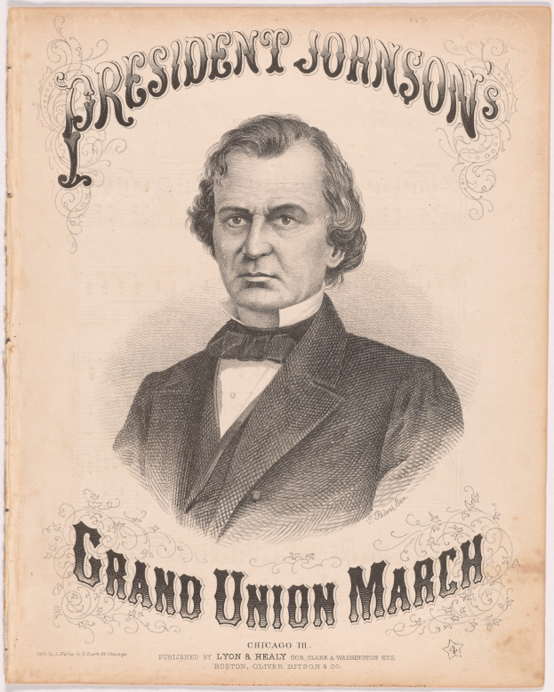 Ein Plakat mit einem zentralen Porträt von Präsident Johnson, auf dem wahrscheinlich Details zum Grand Union March Ereignis aufgeführt sind.