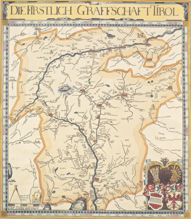 Plakat einer historischen Karte der ersten Grafschaft Tirol, das geografische Merkmale wie Flüsse, Berge und Städte zeigt, begleitet von beschreibendem Text.