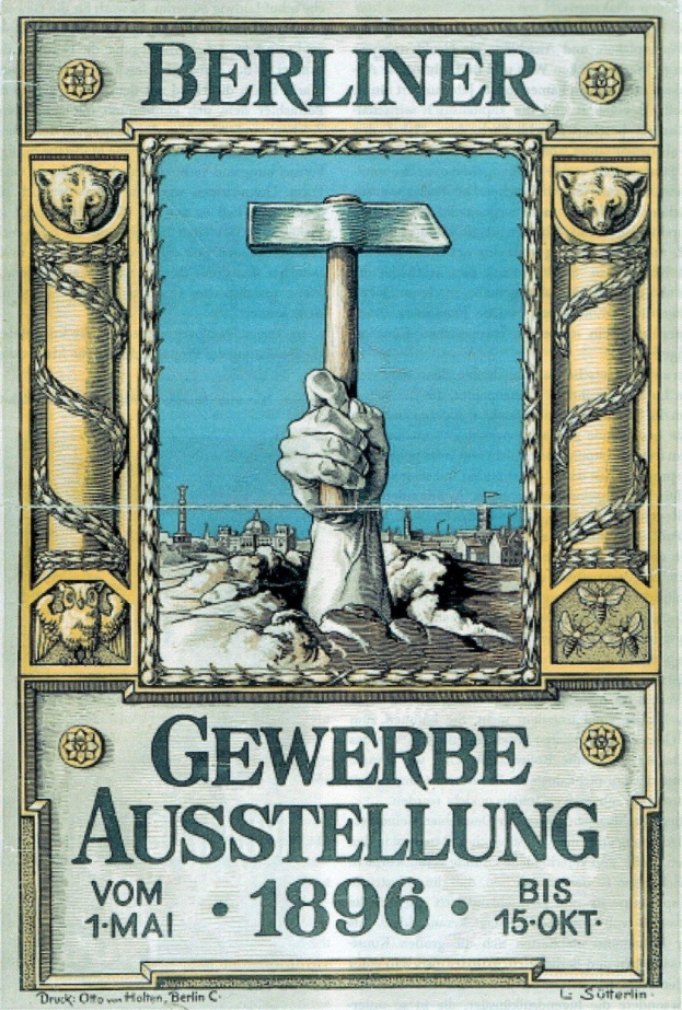 Plakat von der Berliner Gewerbeausstellung 1896 mit einer Hand, die einen Hammer hält