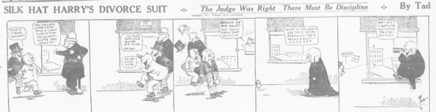 Cartoon-Illustration eines Mannes in einem schwarzen Anzug und einer Frau in einem eleganten Kleid mit einem schwarzen Schultertuch, beide mit ernsten Gesichtern, beschriftet mit "Scheidungsklage."