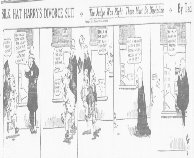 Cartoon-Illustration eines Mannes in einem schwarzen Anzug und einer Frau in einem eleganten Kleid mit einem schwarzen Schultertuch, beide mit ernsten Gesichtern, beschriftet mit "Scheidungsklage."