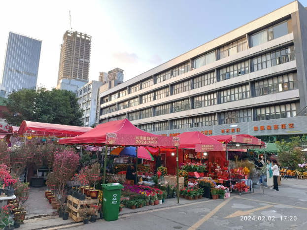 Ein blühender Blumenmarkt mit farbenfrohen Blumen, Pflanzen und Bäumen, die auf einer Stadtstraße zwischen hohen Gebäuden aufgebaut sind, mit Menschen, die herumlaufen und weißen Wolken am Himmel.