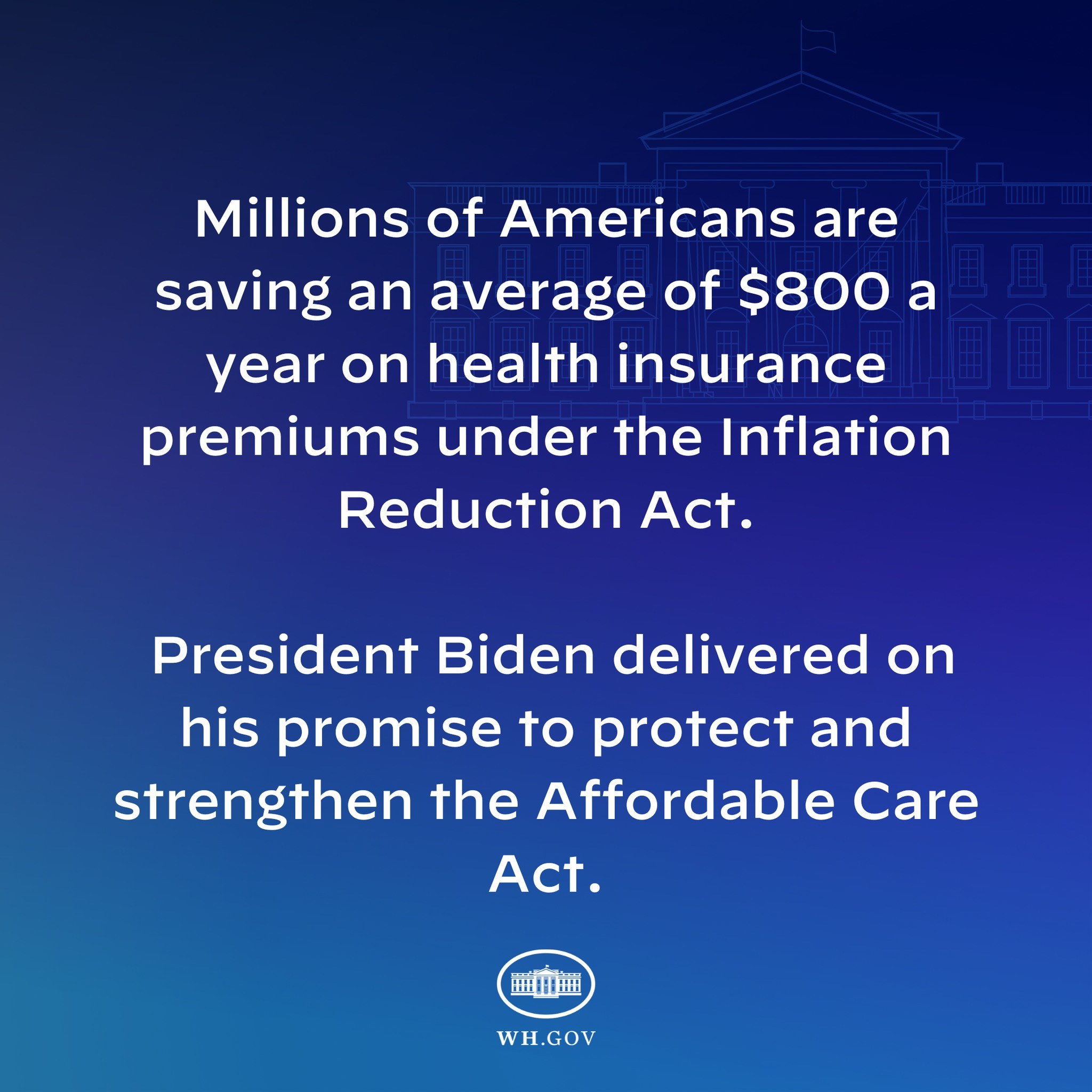 Blauer Hintergrund mit weißer Schrift, die besagt, dass Millionen von Amerikanern durchschnittlich 800 USD pro Jahr an den Gesundheitsversicherungsprämien unter dem Inflation Reduction Act sparen, begleitet von einem Logo.