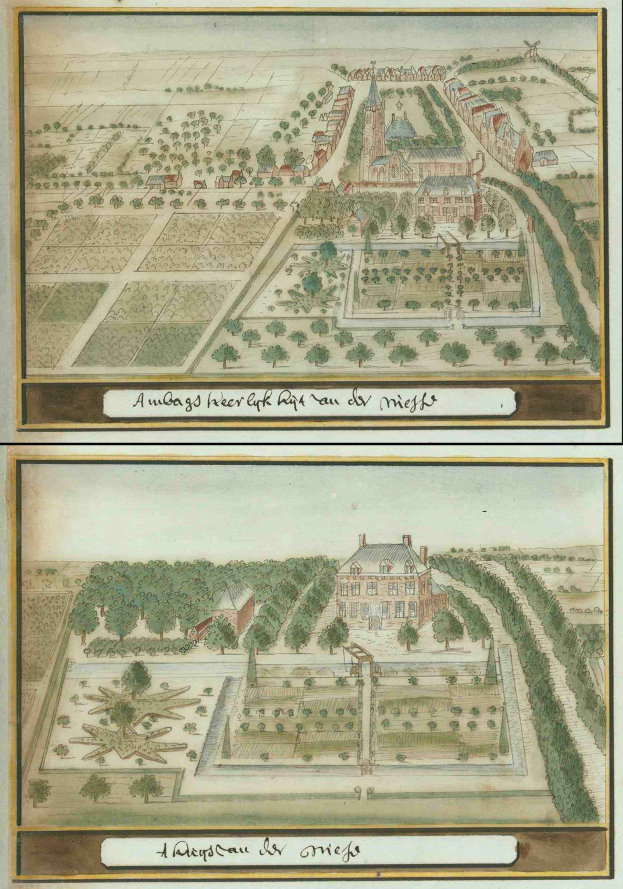 Zwei nebeneinanderliegende Stadtkarten mit hohen Gebäuden, grünen Bäumen und blühenden Pflanzen, mit handgeschriebener Schrift unten.