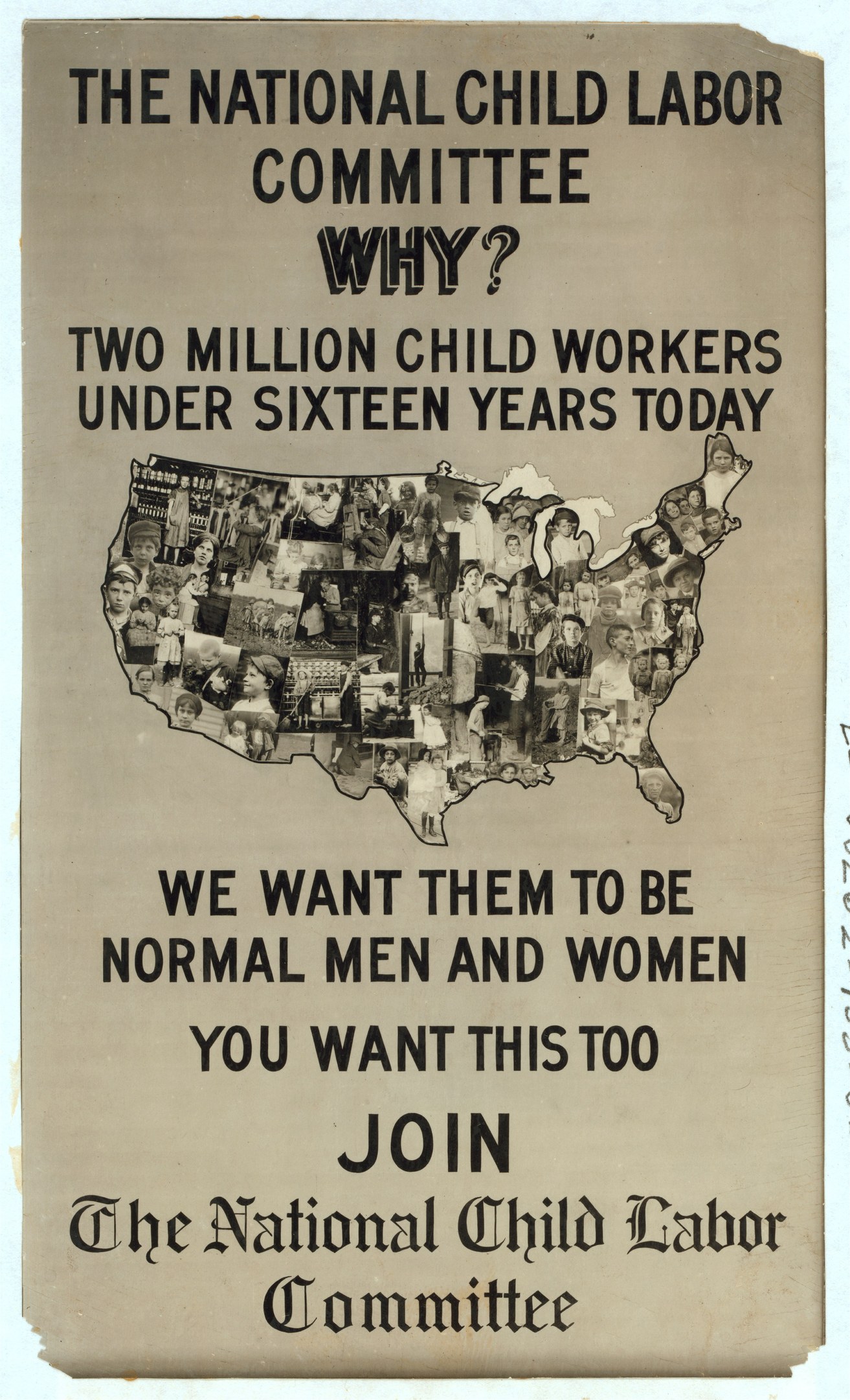 Plakat mit der Aufschrift "Das Nationale Komitee zur Bekämpfung von Kinderarbeit: Warum? Zweieinhalb Millionen Kinderarbeiter unter sechzehn Jahren heute" mit einer USA-Karte und Illustrationen von Menschen, die Komiteemitglieder darstellen.