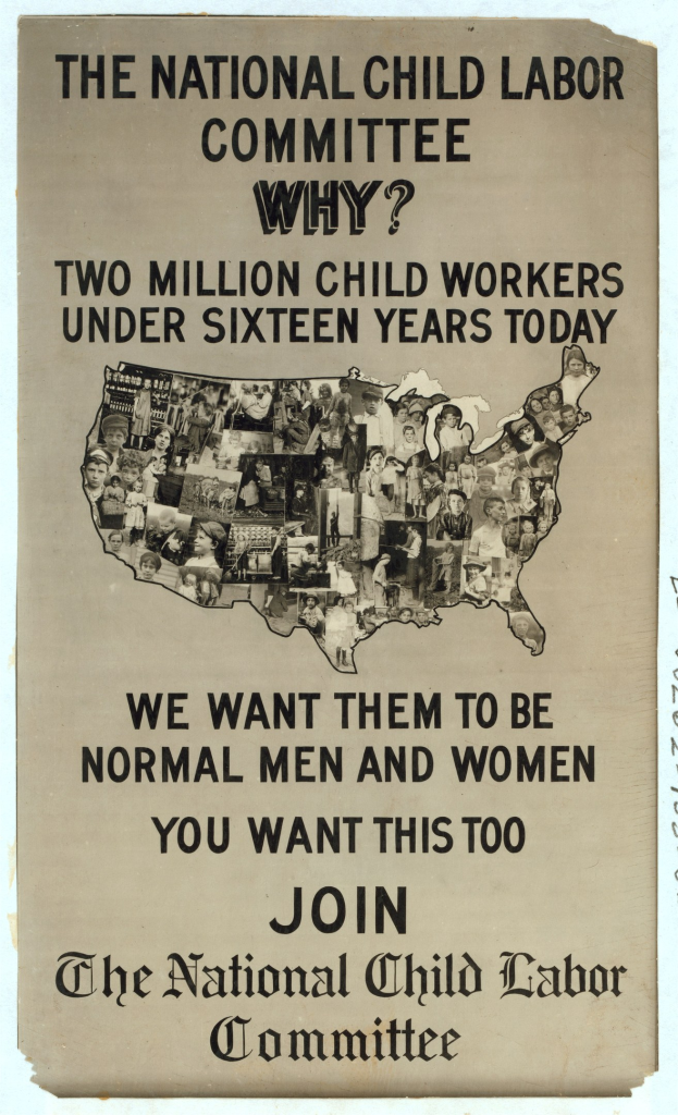 Plakat mit der Aufschrift "Das Nationale Komitee zur Bekämpfung von Kinderarbeit: Warum? Zweieinhalb Millionen Kinderarbeiter unter sechzehn Jahren heute" mit einer USA-Karte und Illustrationen von Menschen, die Komiteemitglieder darstellen.