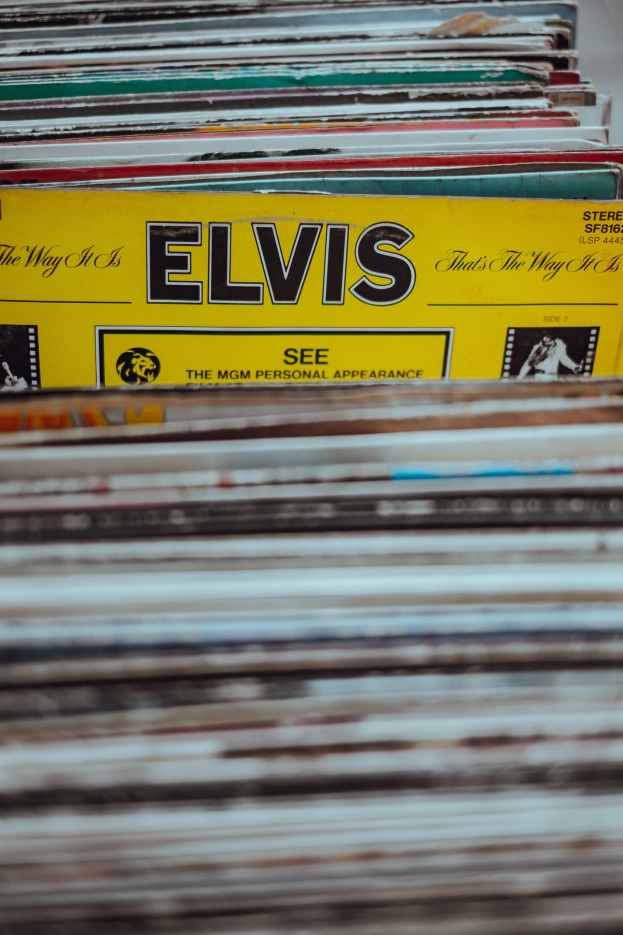 Ein ordentlicher Stapel Elvis-Presley-Platten auf einem Tisch, mit einigen Platten, die sich überschneiden und Titel sichtbar sind, vor einem leicht unscharfen Hintergrund.