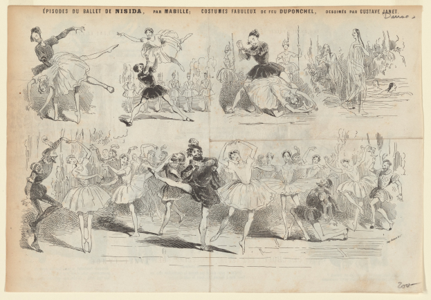 Eine Seite aus einem Buch mit einer lebendigen Zeichnung von tanzenden Menschen, begleitet von Text, der die Einzelheiten des Ereignisses beschreibt.