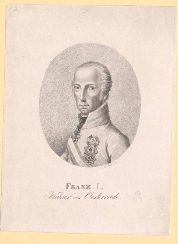 Porträt von Franz I., Kaiser von Österreich, in militärischer Uniform mit der Aufschrift 'Franz I.' darunter.