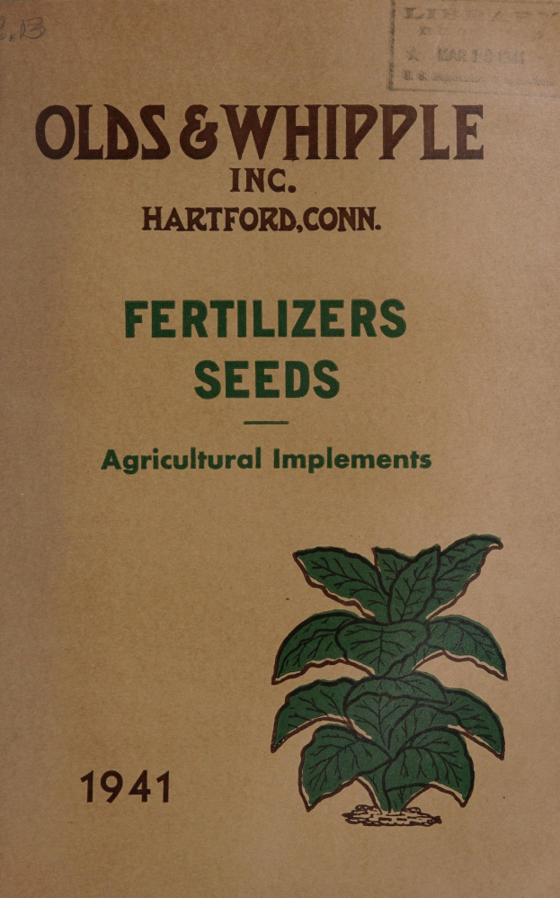 Altes Buchcover mit dem Titel "Fertilizers Seeds Agricultural Implements 1941" mit einer Illustration einer grünen Pflanze mit Blättern und Stängeln.