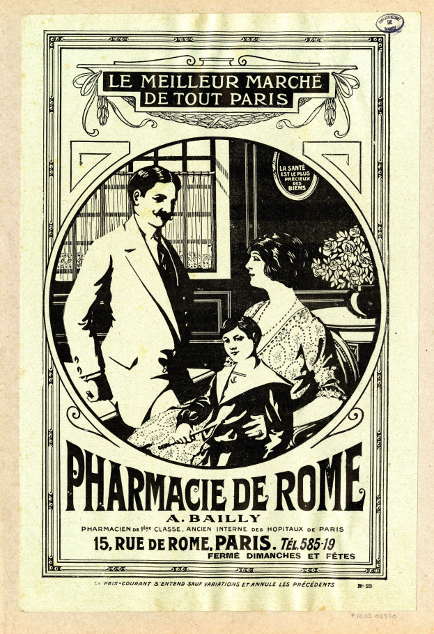 Schwarz-weiß-Werbung für eine Apotheke in Rom, auf der ein Mann und eine Frau nebeneinander stehen und Text, der die Apotheke und ihre Dienstleistungen beschreibt.