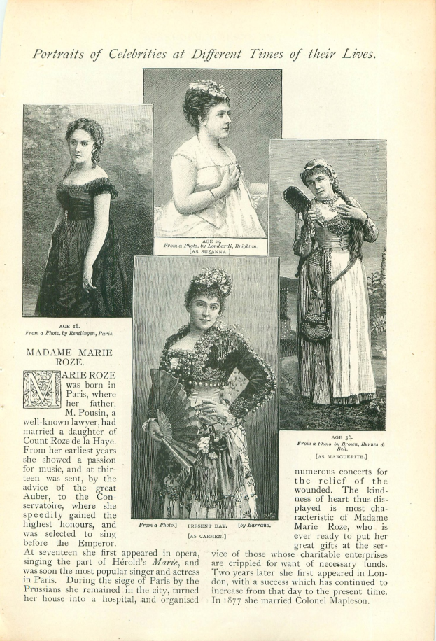 Ein altes Buch mit dem Titel "Porträts von Prominenten zu verschiedenen Zeiten ihres Lebens", das Illustrationen von Frauen in langen, hochgeschlossenen Kleidern mit Haaren im Dutt zeigt.