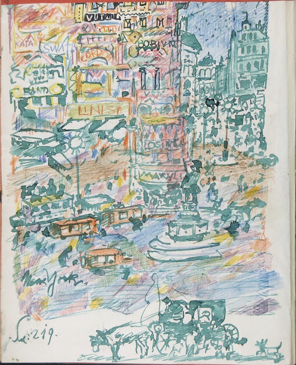 Ein Buchumschlag mit einer detaillierten Illustration einer belebten Stadtlandschaft mit Gebäuden, Fahrzeugen, Menschen und einem Brunnen, begleitet von Text.