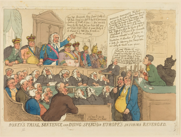 Cartoon-Courtroom-Szene mit einem stehenden Mann in der Mitte, sitzenden Figuren, einem Tisch mit Gegenständen rechts und der Unterschrift 'Boney's Trial, Sentence and Dying Speech Europe's Injuries Revenged' unten.