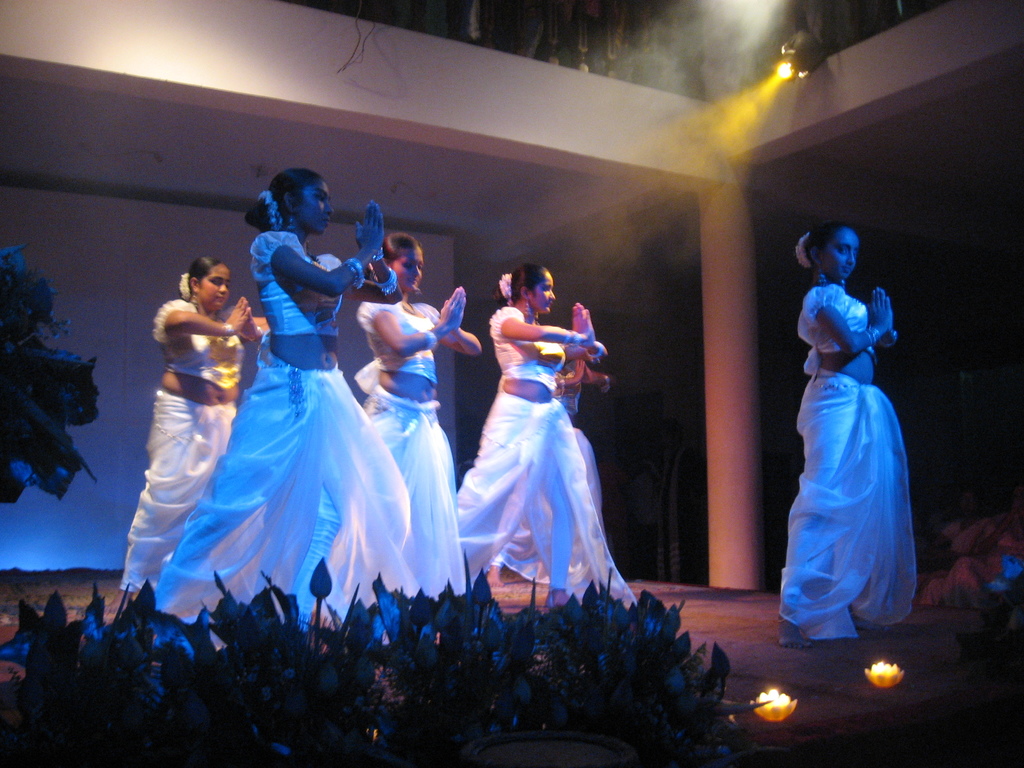 Eine Gruppe von Menschen tanzt auf einer Bühne mit Pflanzen davor und einer Gruppe von Zuschauern.