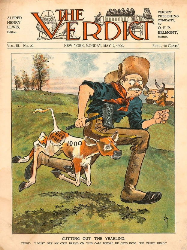 Ein altes Buchcover mit einem Mann in Cowboyhut und langem Mantel, der eine Waffe und einen Stock hält und von einem Hund begleitet wird, vor einem Hintergrund aus Bäumen; der Titel lautet "Das Urteil, 7. Mai 1900".
