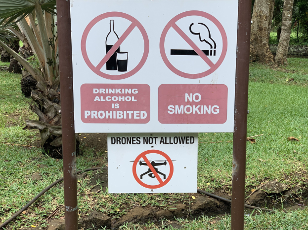 Verbotsschild für Alkoholkonsum und Rauchen, mit Bäumen und Gras im Hintergrund.