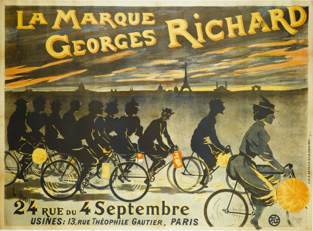 Ein Plakat, das ein Fahrradrennen in Paris, Frankreich, ankündigt, mit einer Gruppe von Radfahrern und dem Eiffelturm im Hintergrund, begleitet von Text.