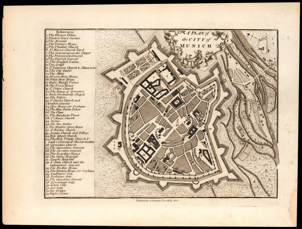Ein alter Stadtplan von München, Deutschland, auf einem schwarzen Hintergrund, der Straßen, Gebäude und Sehenswürdigkeiten mit beschriftetem Text zeigt.