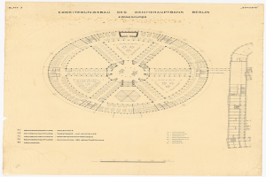 Ein detailliertes Zeichnung der Reichshauptbank in Berlin, Deutschland, ein rundes Gebäude mit zahlreichen Fenstern, begleitet von Text und einem Layout-Plan.