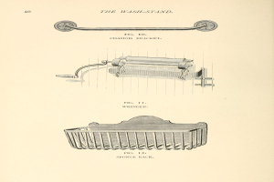 Ein Blatt mit einer Zeichnung eines Toilettenpapierhalters und einem Korb sowie beschreibendem Text.