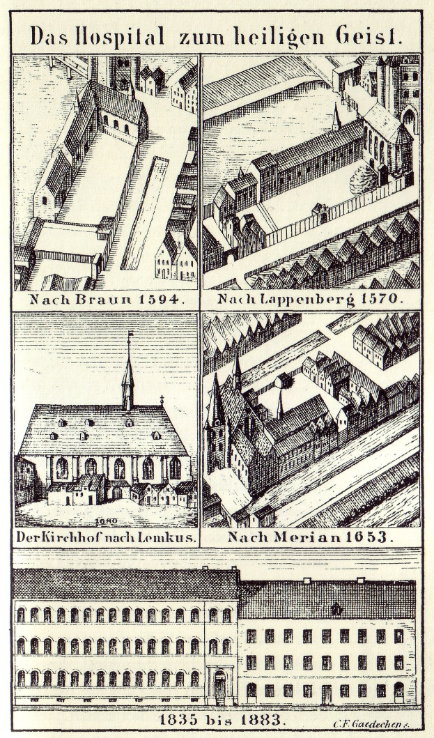 Eine detaillierte Plakatillustration eines deutschen Krankenhauses mit Gebäuden, Fenstern, Türen, Balkonen und begleitendem Text.