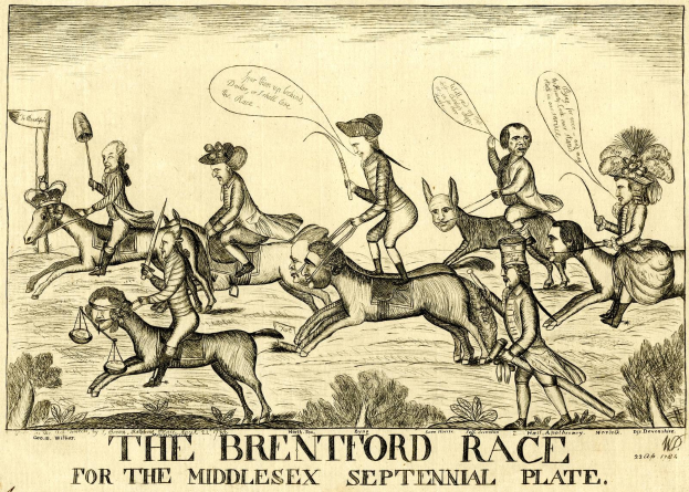 Plakat, das ein Pferderennen mit Reitern in historischer Kleidung zeigt, Grün im Hintergrund und Text unten.