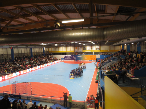 Großer Indoor-Handballstadium mit sitzenden und stehenden Zuschauern, Netz auf der linken Seite, Hintergrundplakate mit Text, Überkopfbeleuchtung und freiliegende Dachrohre.