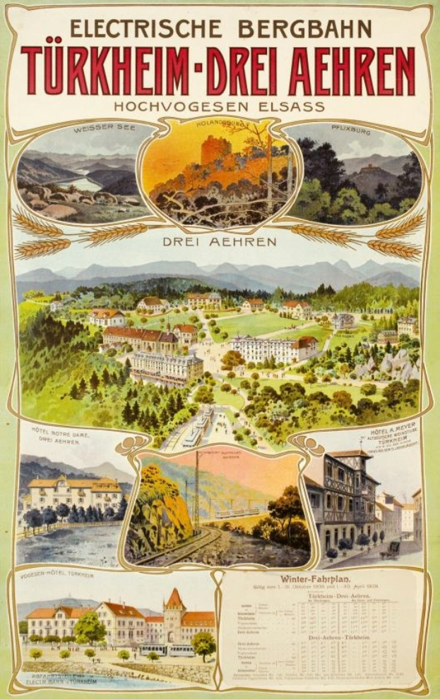 Plakat wirbt für Bergbahn, Deutschland als Elektrostadt, zeigt Bilder von Gebäuden, Bäumen, Hügeln und beschreibenden Text.