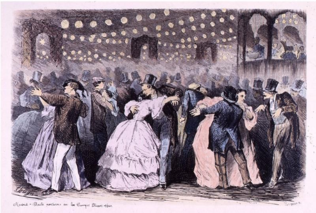 Gruppe von Menschen, die in einem Ballsaal tanzen, mit beleuchteten Wänden, Text unten lautet "Madame Baille Nacional en la Campagne Bleuet, 1860".