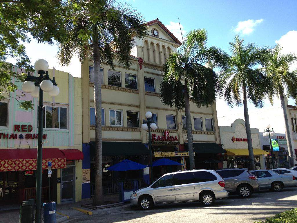 Einige Gebäude und Bäume mit mehreren Laternen und geparkten Autos am Straßenrand.