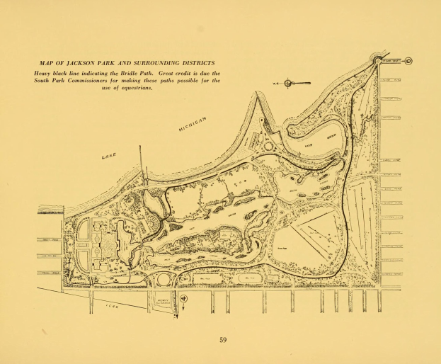 Alte detaillierte Karte von Jackson Park und umliegenden Bezirken mit handgeschriebenem Text, die Straßen, Parks und andere Merkmale zeigt.