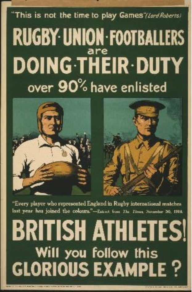 Ein Plakat mit zwei Rugby-Union-Fußballern und Text, das wohl die Einberufung britischer Athleten über 90% anzeigt.