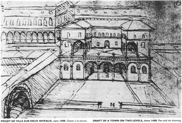Eine detaillierte architektonische Zeichnung eines zweistöckigen Stadtplans mit einem Gebäude mit zahlreichen Fenstern und Überwängen, begleitet von Text unten.