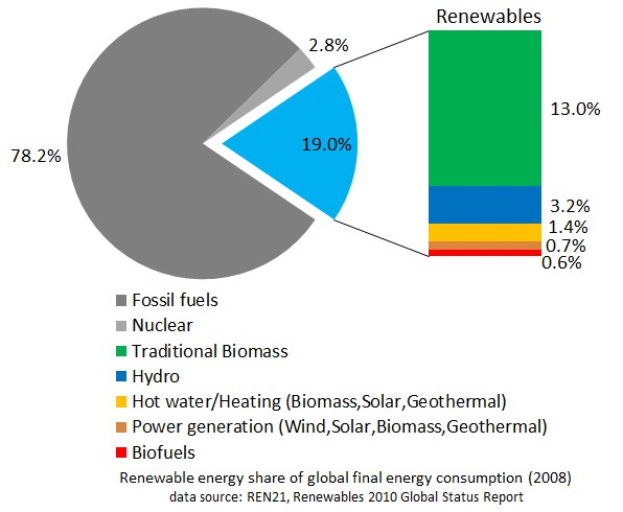 Tortendiagramm, das den globalen erneuerbaren Energieverbrauch im Jahr 2008 zeigt, aufgeschlüsselt nach Energiequellen einschließlich fossiler Brennstoffe, Kernenergie, Wasserkraft, Warmwasser, Heizung, Biomasse, Solarenergie, Geothermie und Biokraftstoffe.