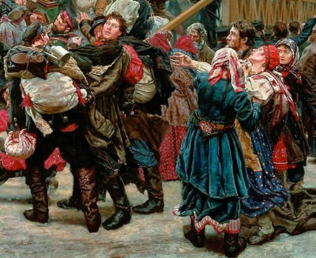 Gemälde, das eine Gruppe von Menschen in traditioneller russischer Kleidung vor einem Publikum tanzt, einige halten Gegenstände, vor einem Hintergrund aus Holzhaus während einer lebendigen, festlichen Szene aus der russischen Revolution.